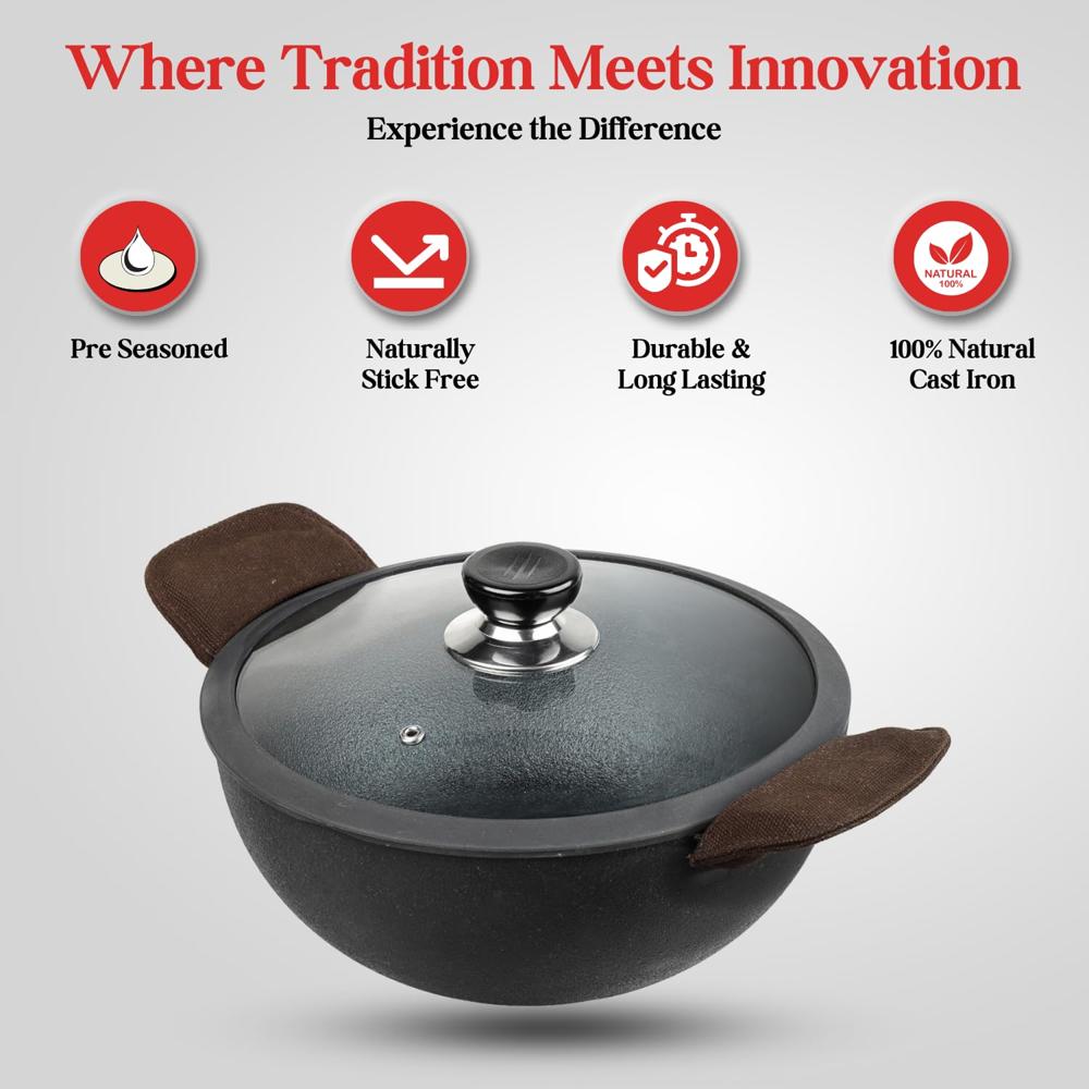 Vinod Legacy Pre-Seasoned Cast Iron Kadai 3.3L, 24cm | With Glass Lid | Gas Compatible | 100% Pure, Naturally Stick-Free | Toxin-Free Traditional Iron Kadhai for Healthy Indian Cooking | Made in India