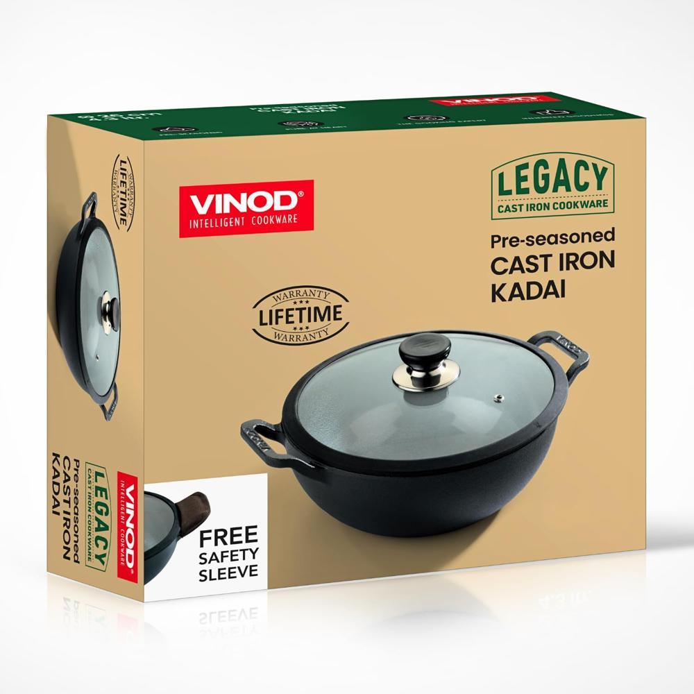 Vinod Legacy Pre-Seasoned Cast Iron Kadai 3.3L, 24cm | With Glass Lid | Gas Compatible | 100% Pure, Naturally Stick-Free | Toxin-Free Traditional Iron Kadhai for Healthy Indian Cooking | Made in India