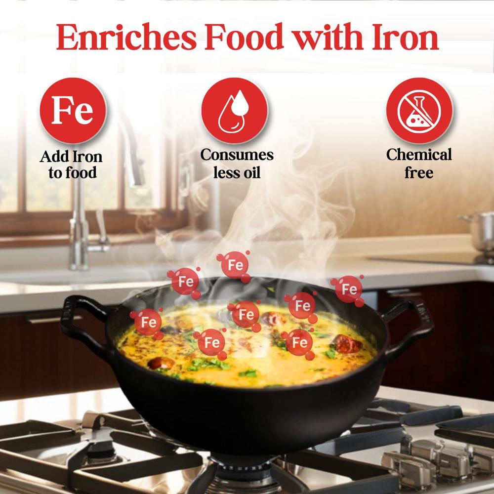 Vinod Legacy Pre-Seasoned Cast Iron Kadai 4.3 L, 26cm | Kadhai with Glass Lid | 100% Pure, Naturally Stick-Free | Gas Compatible | Traditional Kadai for Biryani, Curry & Deep Frying | Healthy Cooking