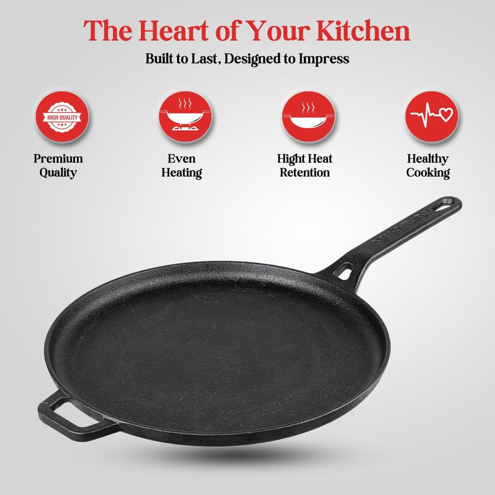 Vinod Legacy Pre-Seasoned Cast Iron Dosa Tawa - 28 cm | Dosa Kallu | Tawa for Roti, Uthappam & Naan Chapati Tawa | Gas & Oven Compatible | Naturally Non-Stick, 100% Pure & Toxin-Free | Made in India