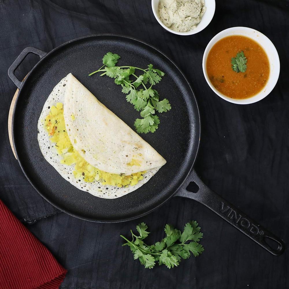 Vinod Legacy Pre-Seasoned Cast Iron Dosa Tawa - 28 cm | Dosa Kallu | Tawa for Roti, Uthappam & Naan Chapati Tawa | Gas & Oven Compatible | Naturally Non-Stick, 100% Pure & Toxin-Free | Made in India