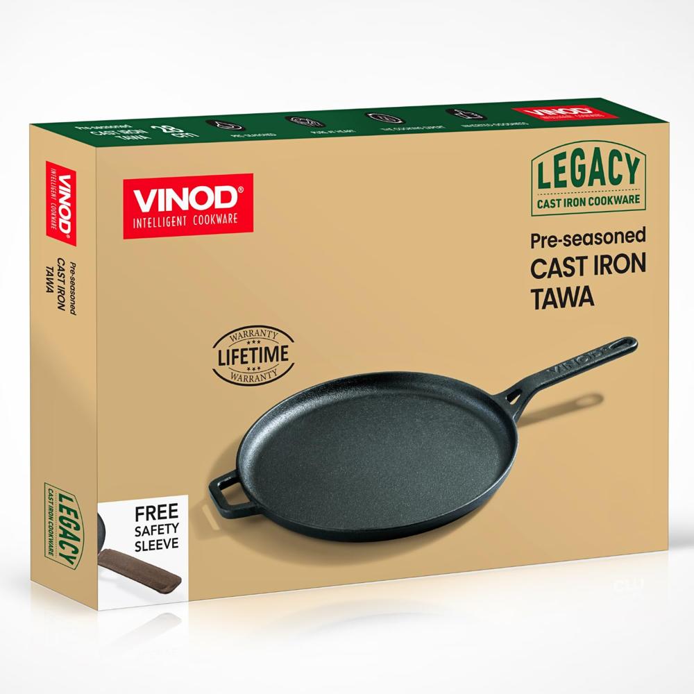 Vinod Legacy Pre-Seasoned Cast Iron Dosa Tawa - 28 cm | Dosa Kallu | Tawa for Roti, Uthappam & Naan Chapati Tawa | Gas & Oven Compatible | Naturally Non-Stick, 100% Pure & Toxin-Free | Made in India
