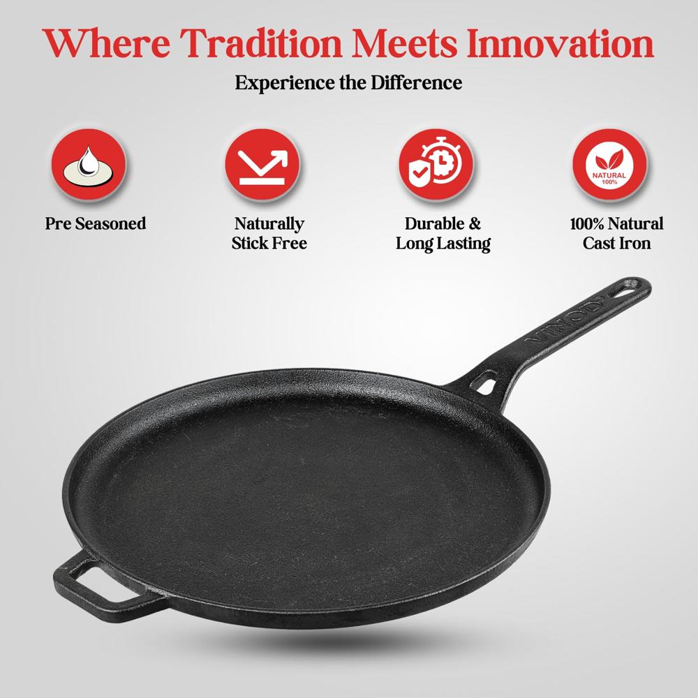 Vinod Legacy Pre-Seasoned Cast Iron Dosa Tawa - 28 cm | Dosa Kallu | Tawa for Roti, Uthappam & Naan Chapati Tawa | Gas & Oven Compatible | Naturally Non-Stick, 100% Pure & Toxin-Free | Made in India