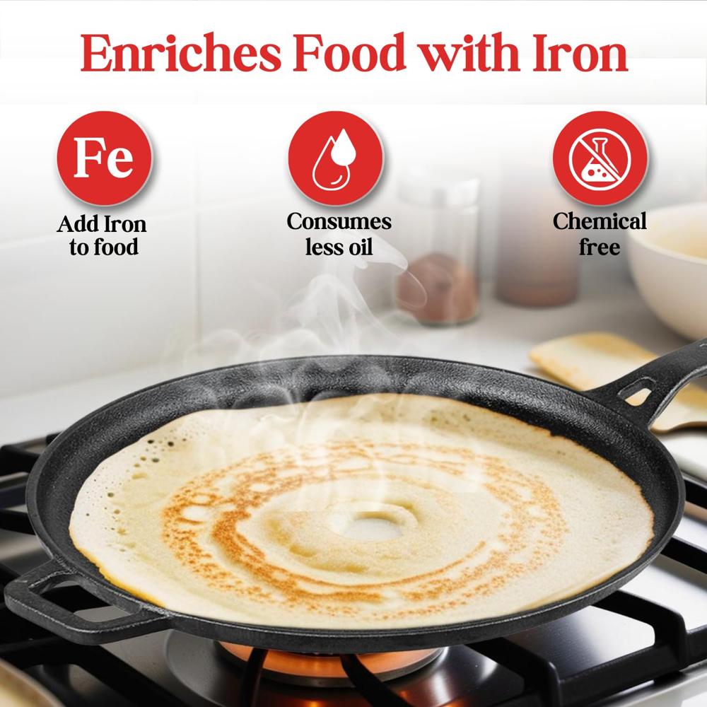 Vinod Legacy Pre-Seasoned Cast Iron Dosa Tawa - 28 cm | Dosa Kallu | Tawa for Roti, Uthappam & Naan Chapati Tawa | Gas & Oven Compatible | Naturally Non-Stick, 100% Pure & Toxin-Free | Made in India