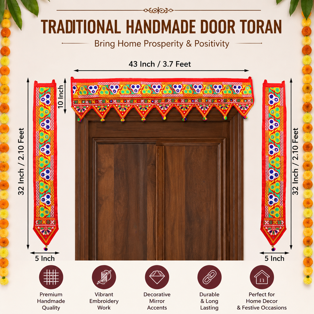 Krishna Handloom Embroidery Toran For Main Door Decor I 18 - Color: Red