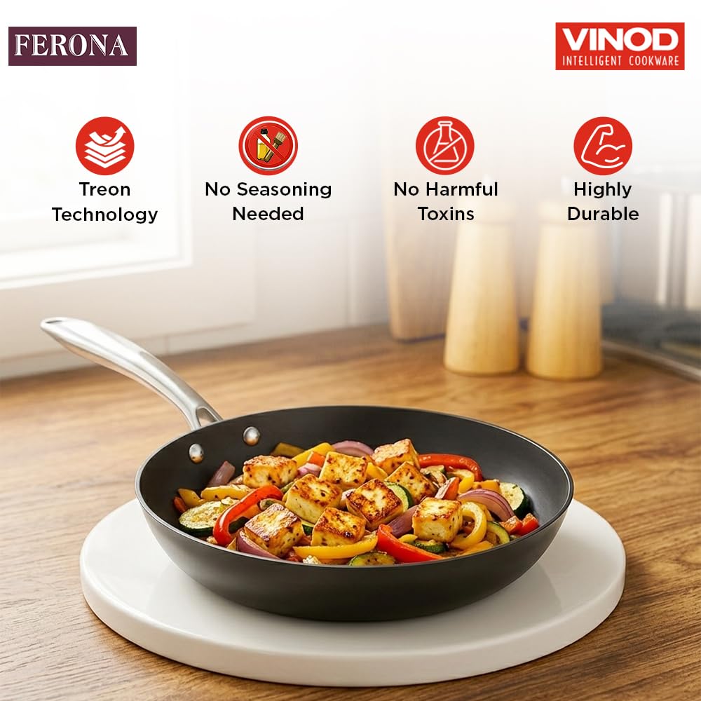 Vinod Ferona Lightweight Cast Iron Frying Pan -1 L, 22 cm | No Seasoning Required | Steel Riveted Handle | Metal Spoon Friendly | Gas Stove Compatible | Rust-Proof | PTFE & PFOA Free | 2-Year Warranty