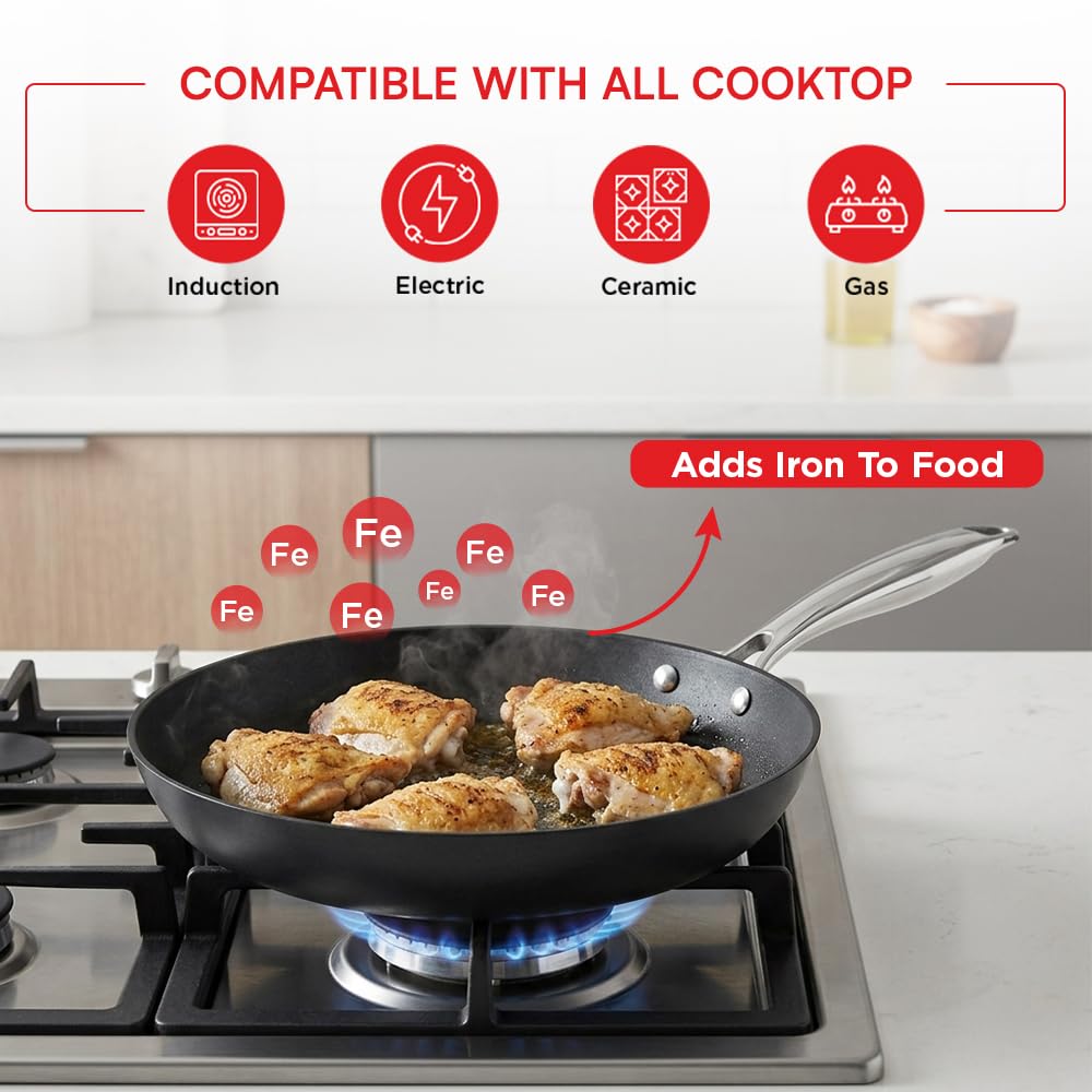 Vinod Ferona Lightweight Cast Iron Frying Pan -1.5 L, 24 cm | No Seasoning Required | Steel Riveted Handle | Metal Spoon Friendly | Gas Stove Compatible | Rust-Proof | No PTFE & PFOA | 2-Year Warranty