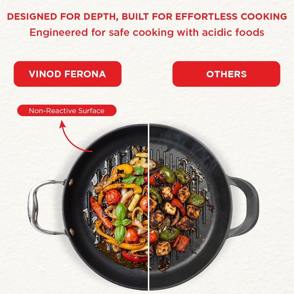 Vinod Ferona Lightweight Cast Iron Grill Pan - 1.2 L, 24 cm | No Seasoning Required | Naturally Stick-Free | Steel Handle | Metal Spoon Safe | Gas Stove Compatible | PTFE & PFOA Free | 2-Year Warranty