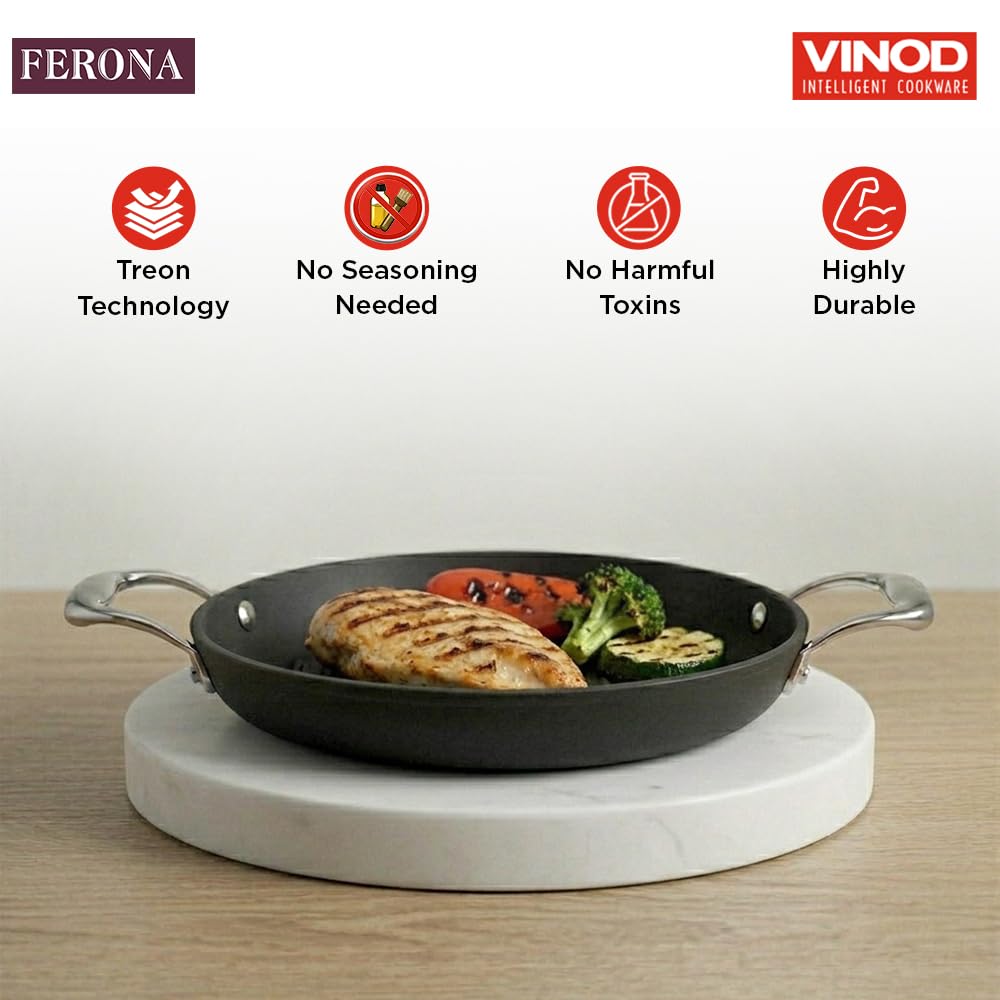 Vinod Ferona Lightweight Cast Iron Grill Pan - 1.2 L, 24 cm | No Seasoning Required | Naturally Stick-Free | Steel Handle | Metal Spoon Safe | Gas Stove Compatible | PTFE & PFOA Free | 2-Year Warranty
