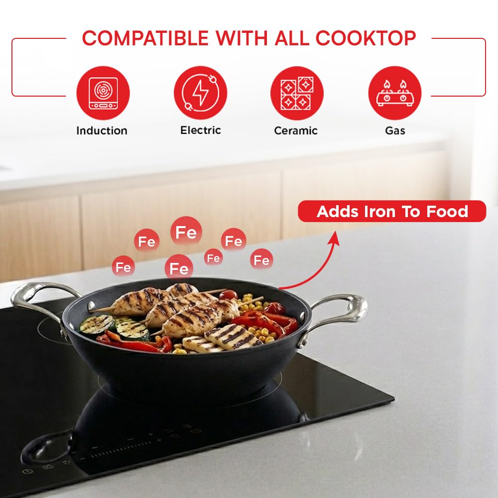 Vinod Ferona Lightweight Cast Iron Grill Pan - 1.2 L, 24 cm | No Seasoning Required | Naturally Stick-Free | Steel Handle | Metal Spoon Safe | Gas Stove Compatible | PTFE & PFOA Free | 2-Year Warranty