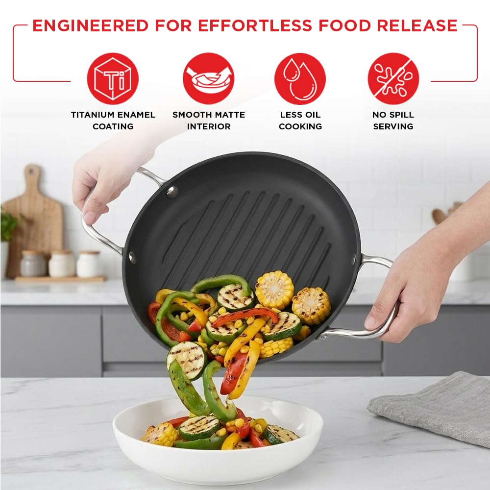 Vinod Ferona Lightweight Cast Iron Grill Pan - 1.2 L, 24 cm | No Seasoning Required | Naturally Stick-Free | Steel Handle | Metal Spoon Safe | Gas Stove Compatible | PTFE & PFOA Free | 2-Year Warranty