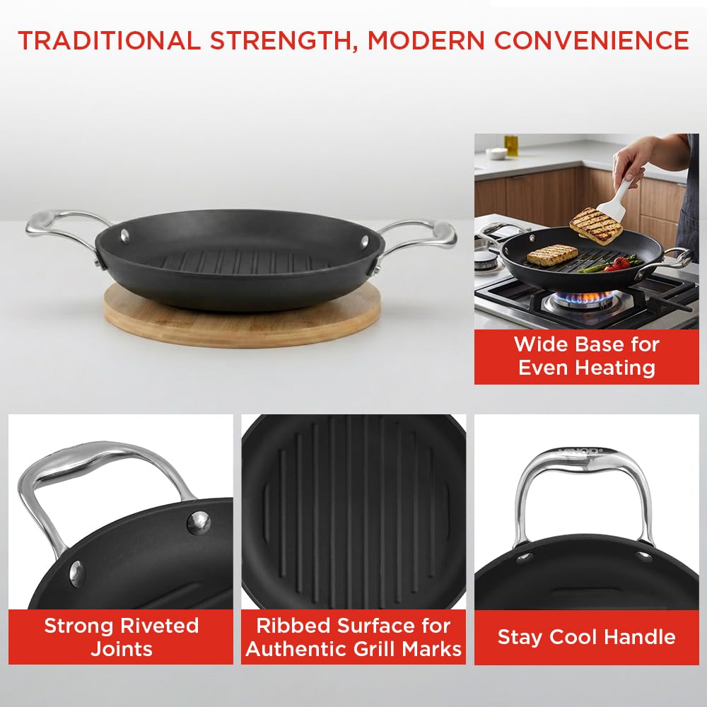 Vinod Ferona Lightweight Cast Iron Grill Pan - 1.2 L, 24 cm | No Seasoning Required | Naturally Stick-Free | Steel Handle | Metal Spoon Safe | Gas Stove Compatible | PTFE & PFOA Free | 2-Year Warranty