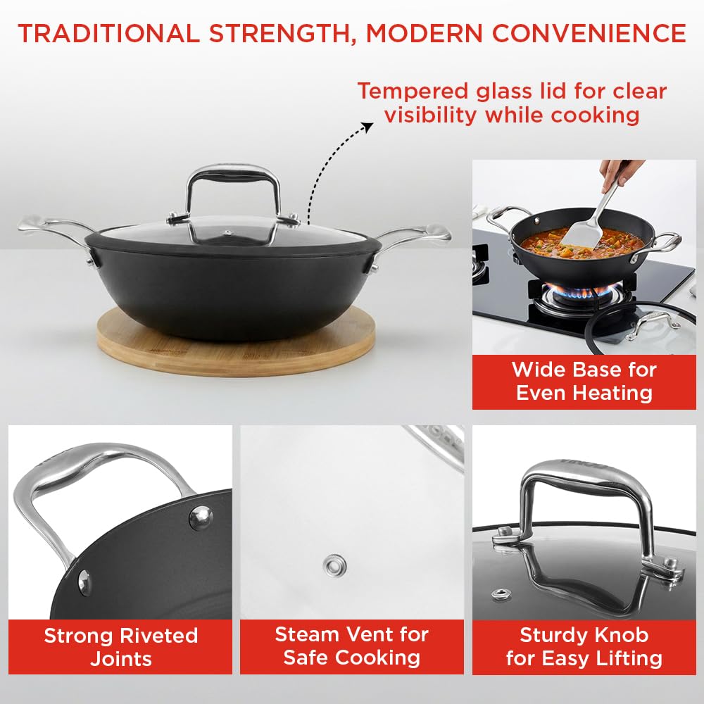 Vinod Ferona Lightweight Cast Iron Kadai 1.4 L, 20 cm | Glass Lid, TREON Technology, No-Seasoning Enamel Kadhai for Healthy Cooking, Naturally Stick-Free, Gas Base, PTFE & PFOA Free