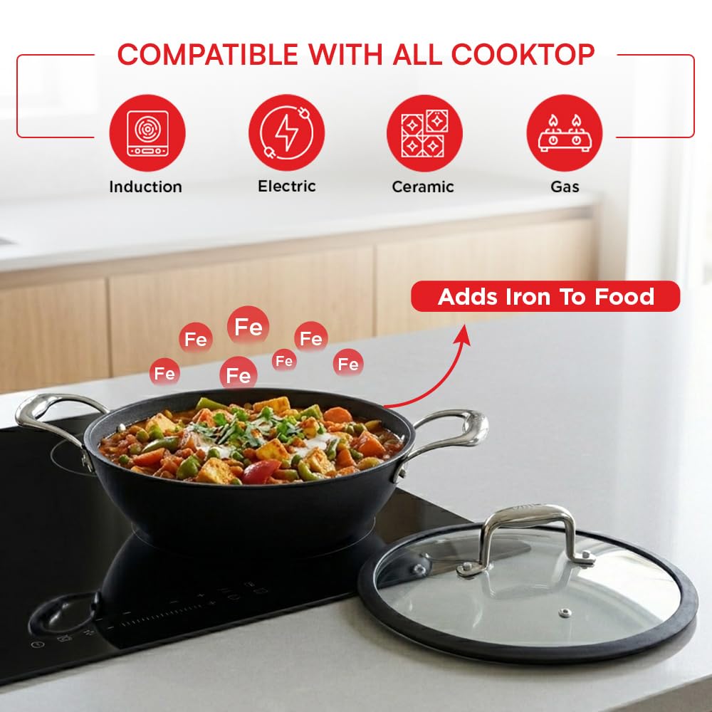 Vinod Ferona Lightweight Cast Iron Kadai 2.2 L, 24 cm | Glass Lid, TREON Technology, No-Seasoning Enamel Kadhai for Healthy Cooking, Naturally Stick-Free, Gas Base, PTFE & PFOA Free