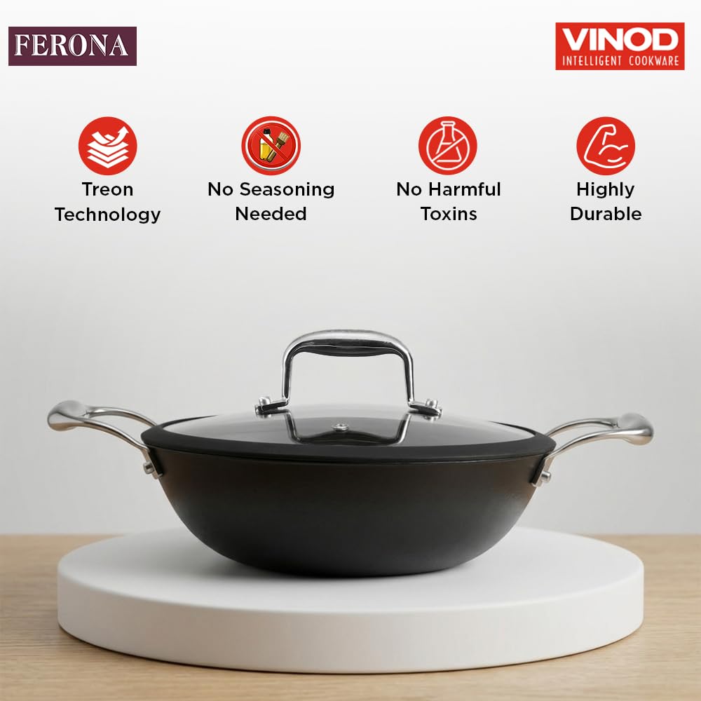 Vinod Ferona Lightweight Cast Iron Kadai 2.2 L, 24 cm | Glass Lid, TREON Technology, No-Seasoning Enamel Kadhai for Healthy Cooking, Naturally Stick-Free, Gas Base, PTFE & PFOA Free