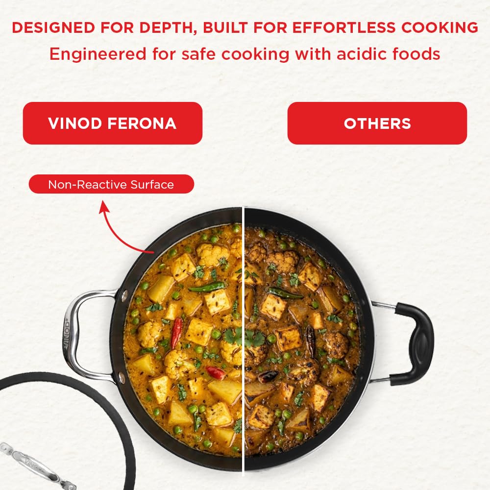 Vinod Ferona Lightweight Cast Iron Kadai 2.2 L, 24 cm | Glass Lid, TREON Technology, No-Seasoning Enamel Kadhai for Healthy Cooking, Naturally Stick-Free, Gas Base, PTFE & PFOA Free