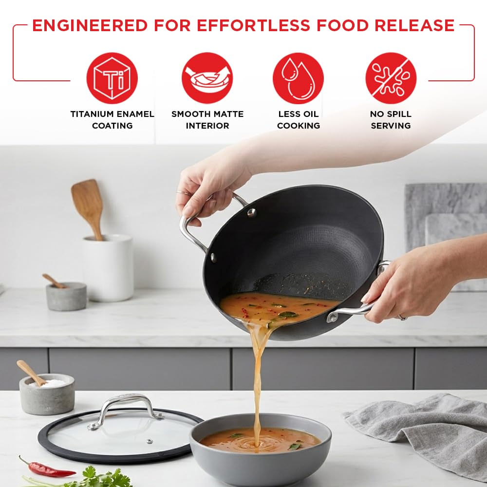 Vinod Ferona Lightweight Cast Iron Kadai - 2.5 L, 26 cm | No Seasoning Required | Naturally Stick-Free | Metal Spoon Friendly | Gas Stove Compatible | Rust-Proof | PTFE & PFOA Free | 2-Year Warranty