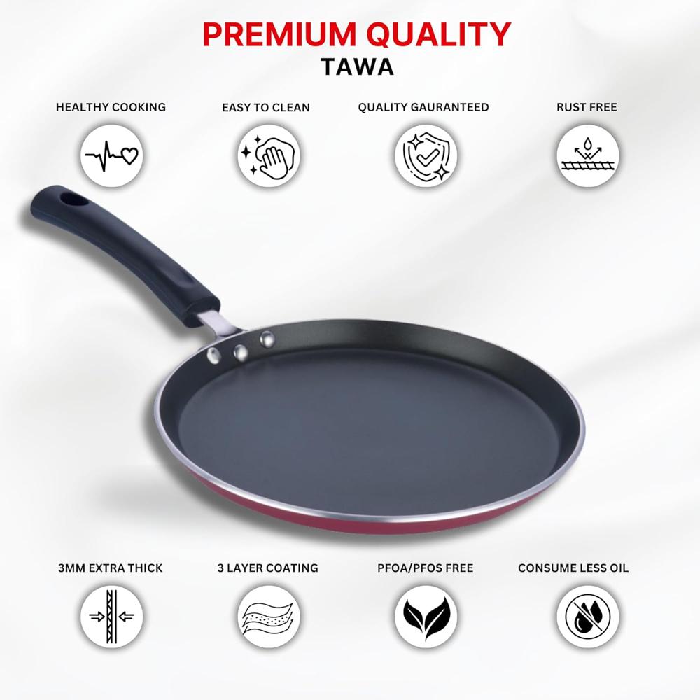 Vinod Non-Stick Cookware Dosa Tawa with Induction Base,Long Handle, Virgin Grade Aluminium, /Heavy Metals Free, 4mm Thickness, Pearl Red 3 Layers Tawa