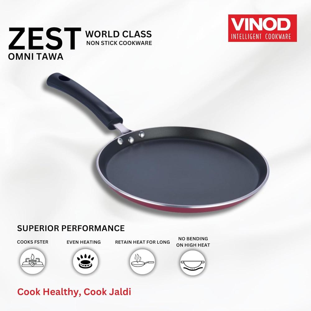 Vinod Non-Stick Cookware Dosa Tawa with Induction Base,Long Handle, Virgin Grade Aluminium, /Heavy Metals Free, 4mm Thickness, Pearl Red 3 Layers Tawa