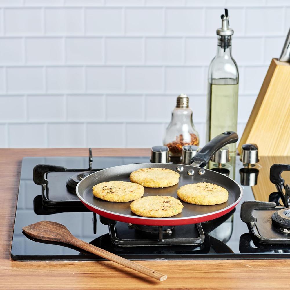Vinod Non-Stick Cookware Dosa Tawa with Induction Base,Long Handle, Virgin Grade Aluminium, /Heavy Metals Free, 4mm Thickness, Pearl Red 3 Layers Tawa