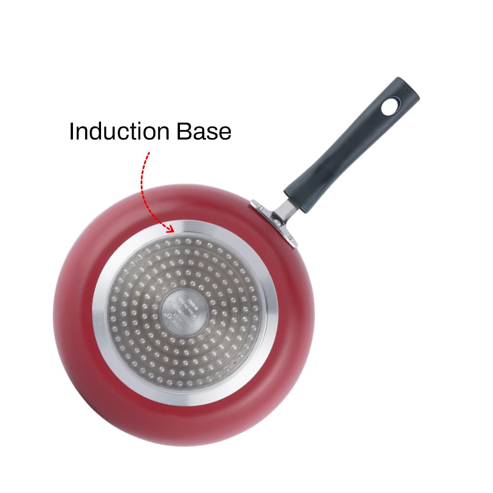 Vinod Zest Inducto Aluminium Non Stick Frypan - 18 cm | 3mm Extra Thick | 3 Layer Coating | Swiss Quality | Metal Spoon Friendly | Induction Base | 1 Year Warranty - Red.
