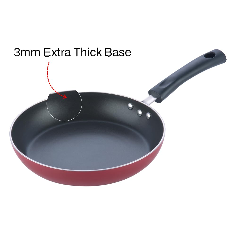 Vinod Zest Inducto Aluminium Non Stick Frypan - 22 cm | 3mm Extra Thick | 3 Layer Coating | Swiss Quality | Metal Spoon Friendly | Induction Base | 1 Year Warranty - Red