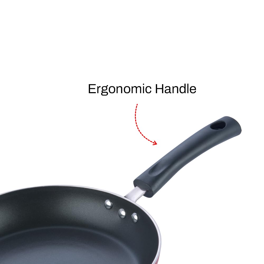 Vinod Zest Non-Stick Fry Pan - 26 cm with Triple Riveted and Virgin Bakelite Handle PFOA/Heavy Metals Free (Induction and Gas Stove Friendly) - Red