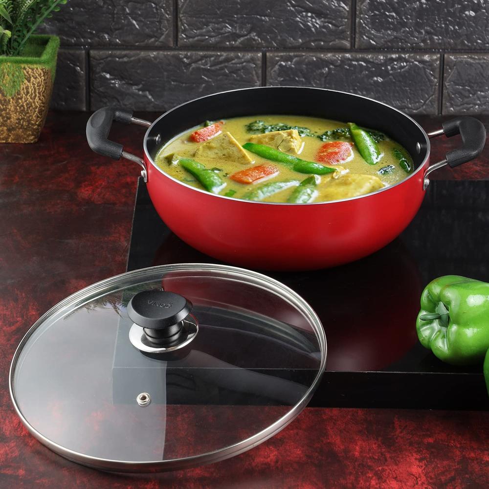 Vinod Zest Inducto Non Stick Deep Kadhai with Glass Lid - 5.5 Litre, 28cm | 3mm Thick | 3 Layer Coating | Swiss Quality | Metal Spoon Friendly | Induction Base | 1 Year Warranty