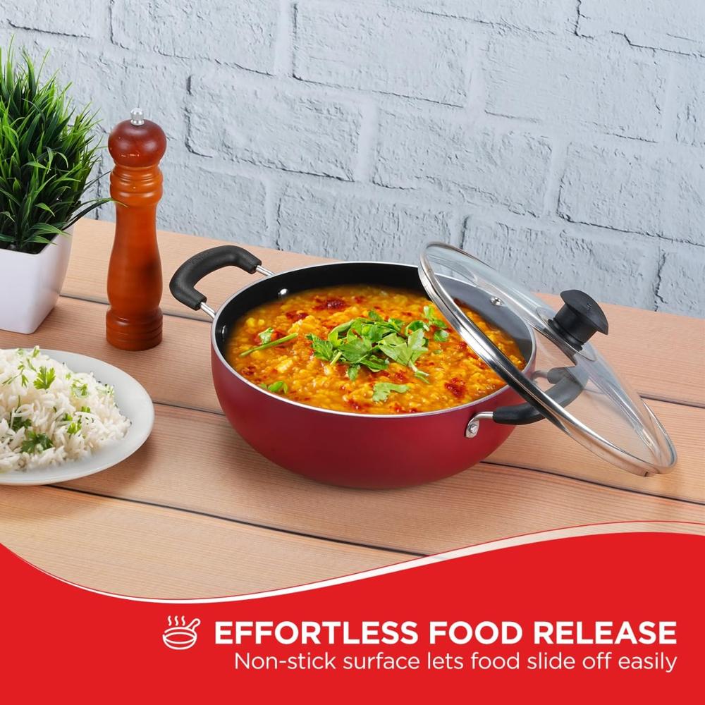 Vinod Zest Inducto Non Stick Deep Kadhai with Glass Lid - 5.5 Litre, 28cm | 3mm Thick | 3 Layer Coating | Swiss Quality | Metal Spoon Friendly | Induction Base | 1 Year Warranty