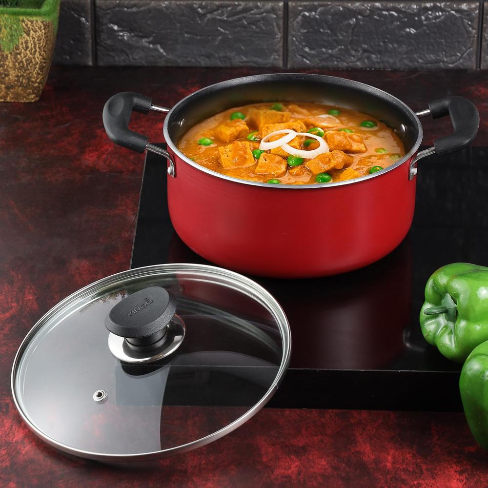 Vinod Zest Inducto Aluminium Non Stick Saucepot with Glass Lid - 3.1 Litre, 20cm | 3mm Thick | Swiss Quality | 3 Layer Coating | Toxin Free | Induction Base | 2 Year Warranty