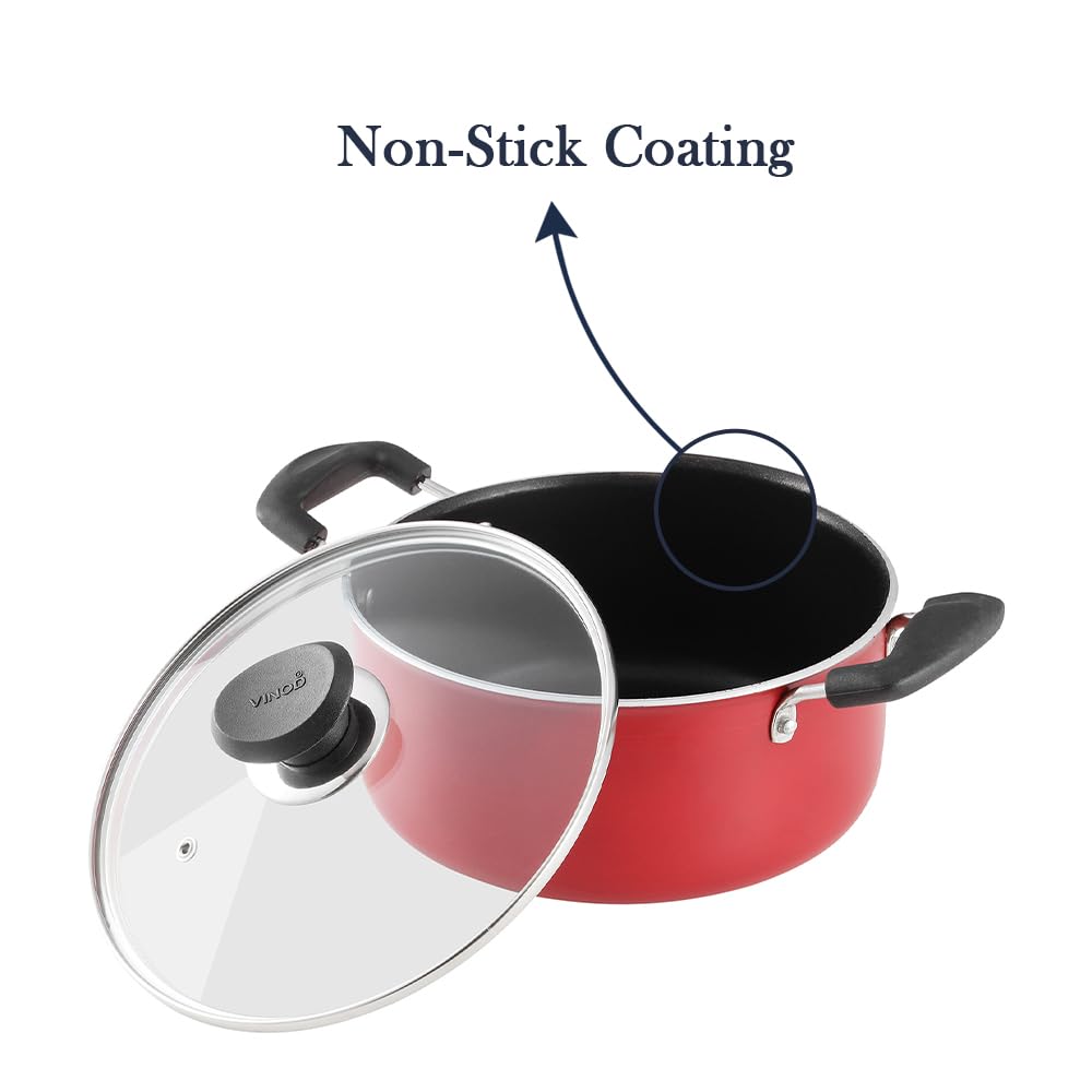 Vinod Zest Inducto Aluminium Non Stick Saucepot with Glass Lid - 3.1 Litre, 20cm | 3mm Thick | Swiss Quality | 3 Layer Coating | Toxin Free | Induction Base | 2 Year Warranty