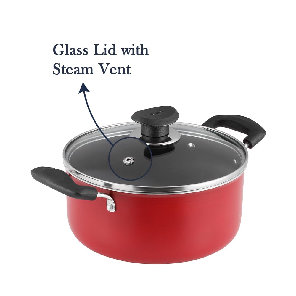 Vinod Zest Inducto Aluminium Non Stick Saucepot with Glass Lid - 3.1 Litre, 20cm | 3mm Thick | Swiss Quality | 3 Layer Coating | Toxin Free | Induction Base | 2 Year Warranty