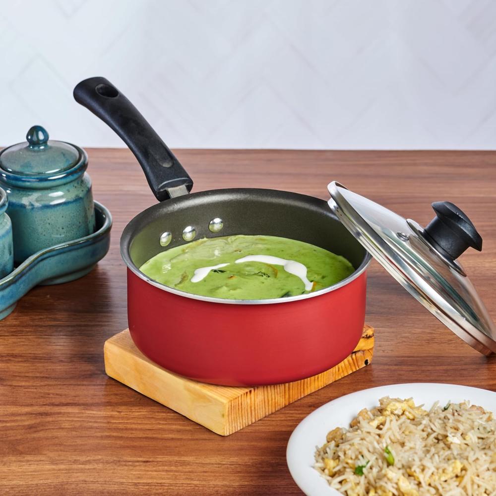 Vinod Zest Aluminium Non Stick Saucepan with Glass Lid - 1.6 Litre, 16 cm | | Roti/Chapati/Dosa Tawa | 3mm Thick | Bakelite Handle | Induction Base | 1 Year Warranty