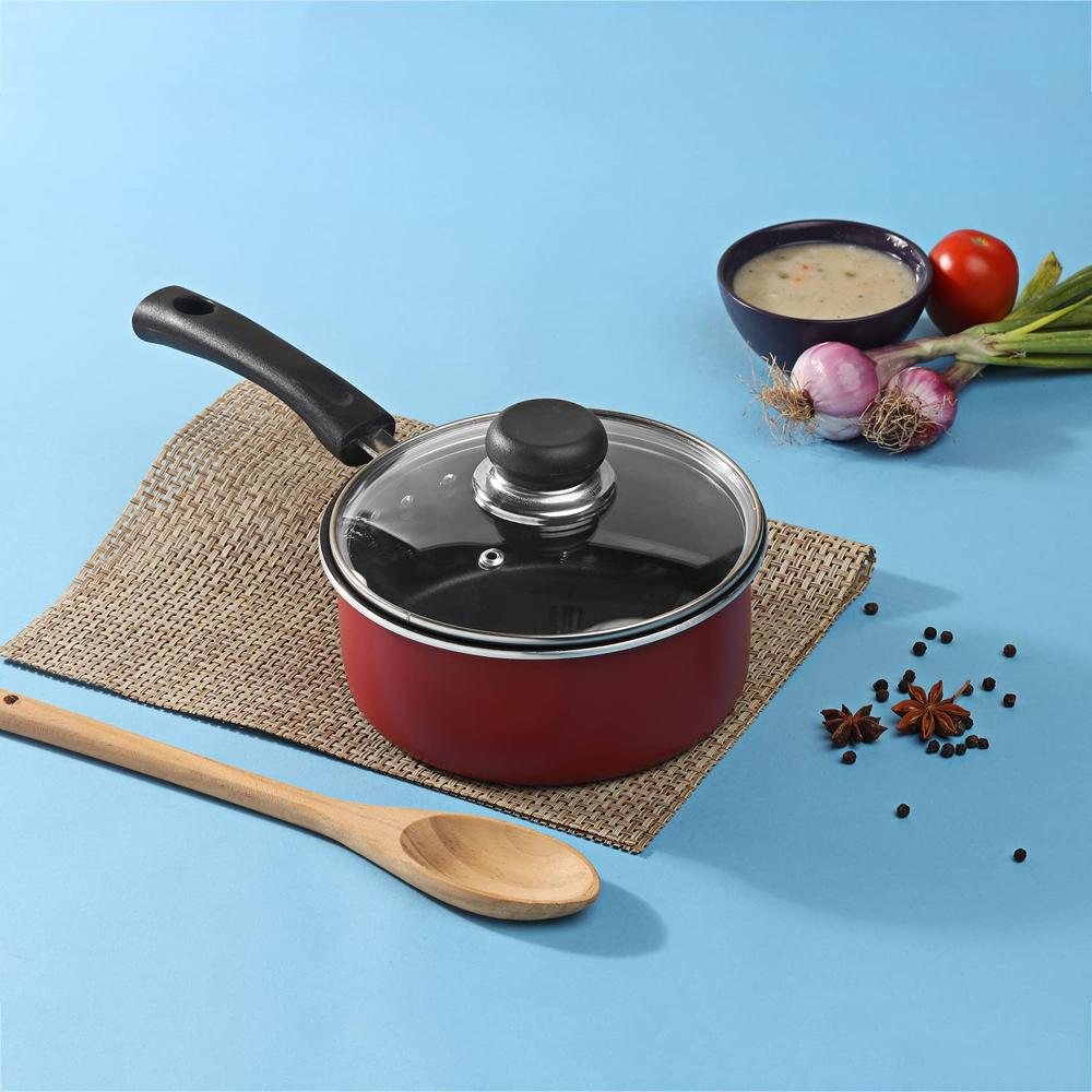 Vinod Zest Aluminium Non Stick Saucepan with Glass Lid - 1.6 Litre, 16 cm | | Roti/Chapati/Dosa Tawa | 3mm Thick | Bakelite Handle | Induction Base | 1 Year Warranty
