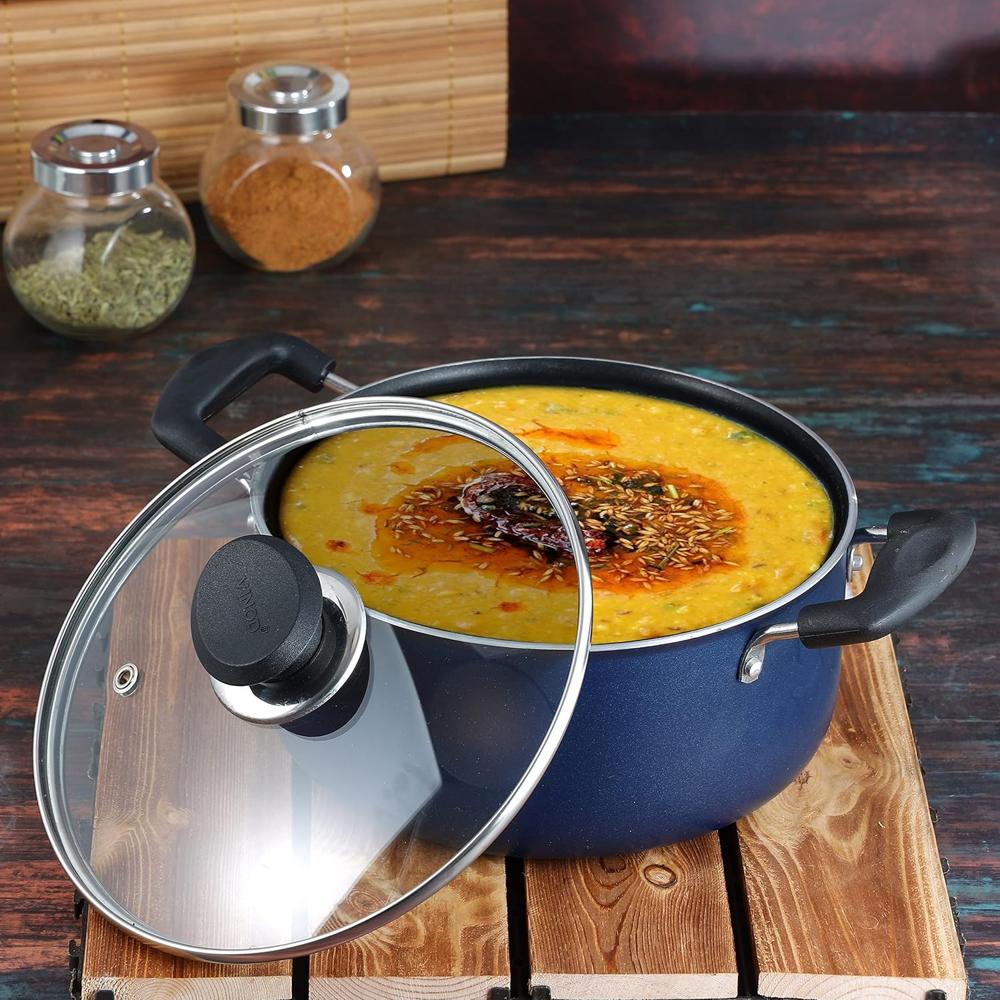 Vinod Zest Aluminium Non Stick Saucepot with Glass Lid - 3.1 Litre, 20 cm | 3 mm Extra Thick | Swiss Quality | 3 Layer Coating | Metal Spoon Friendly - 1 Year Warranty