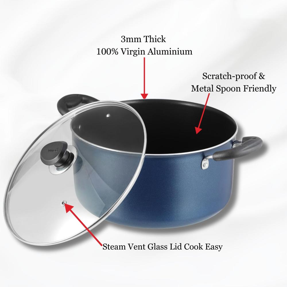 Vinod Zest Aluminium Non Stick Saucepot with Glass Lid - 7 Litre, 26 cm | 3 mm Extra Thick | Swiss Quality | 3 Layer Coating | Metal Spoon Friendly - 1 Year Warranty