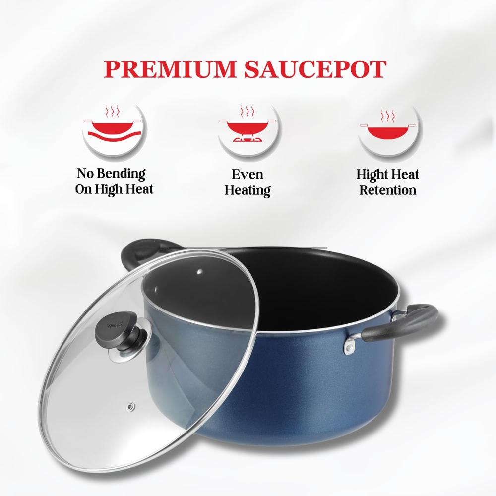 Vinod Zest Aluminium Non Stick Saucepot with Glass Lid - 8.8 Litre, 28 cm | 3 mm Extra Thick | Swiss Quality| 3 Layer Coating | Metal Spoon Friendly - 1 Year Warranty