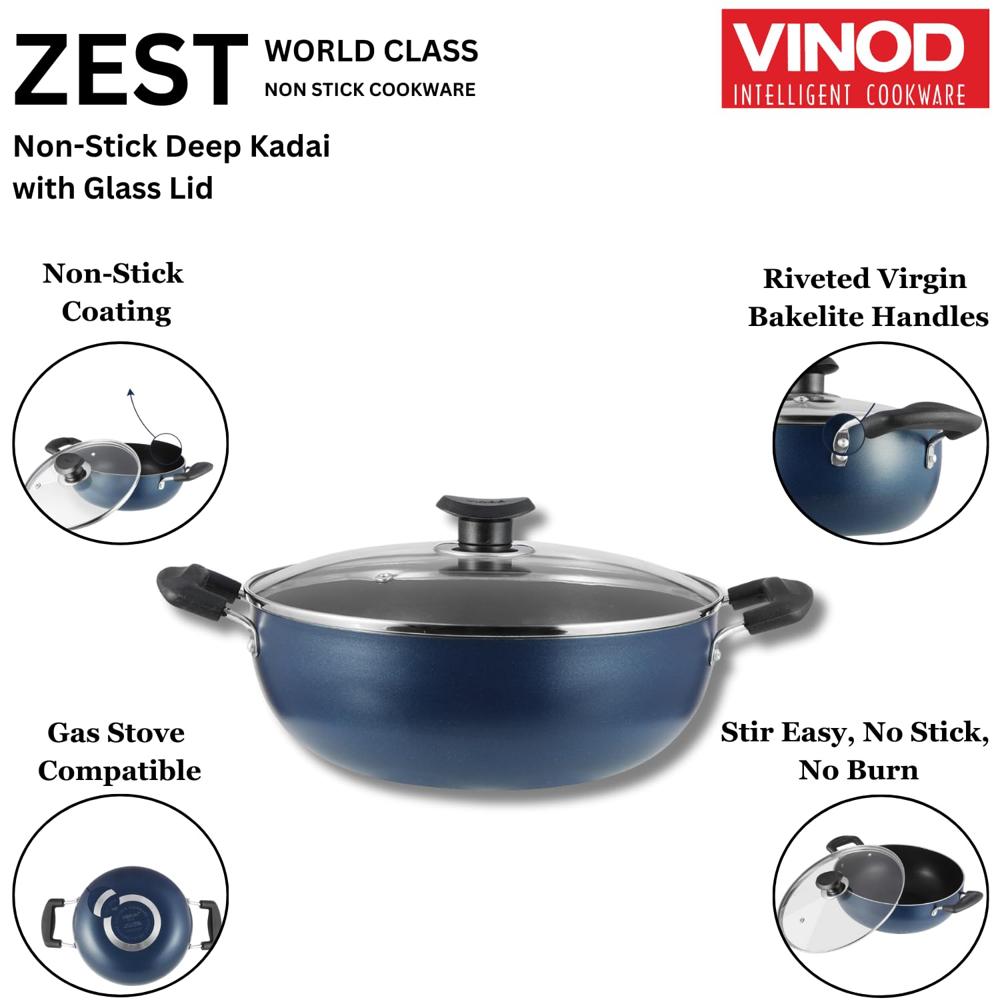 Vinod Zest Aluminium Non Stick Deep Kadhai with Glass Lid - 1.4 Litre, 18cm | 3 Layer Ceramic Coating | 3 mm Thick | Metal Spoon Friendly | Gas Base, Toxin Free - 1 Year Warranty.