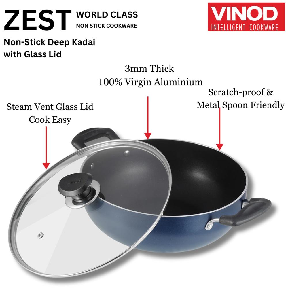 Vinod Zest Aluminium Non Stick Deep Kadhai with Glass Lid - 1.4 Litre, 18cm | 3 Layer Ceramic Coating | 3 mm Thick | Metal Spoon Friendly | Gas Base, Toxin Free - 1 Year Warranty.