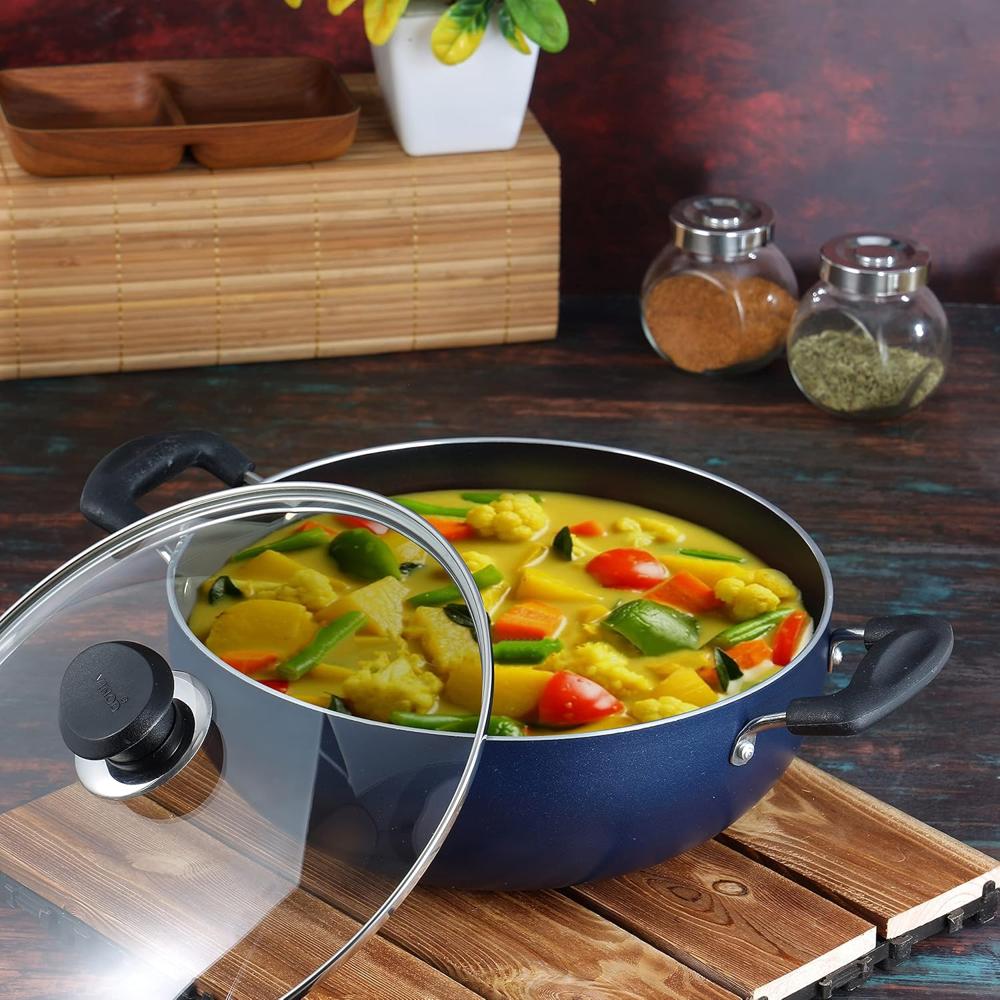 Vinod Zest Aluminium Non Stick Deep Kadhai with Glass Lid - 2 Litre, 20cm | 3 Layer Ceramic Coating | 3 mm Thick | Metal Spoon Friendly | Gas Base, Toxin Free - 1 Year Warranty