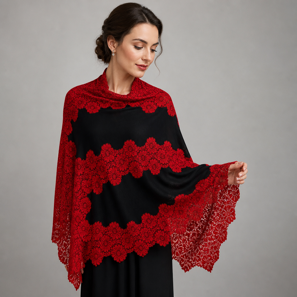 Merino wool with 5 side spring flower lace work shawls