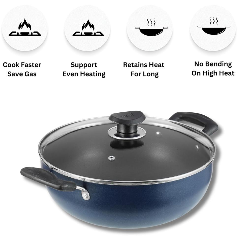 Vinod Zest Aluminium Non Stick Deep Kadhai with Glass Lid - 4.1 Litre, 26cm | 3 Layer Ceramic Coating | 3 mm Thick | Metal Spoon Friendly | Gas Base, Toxin Free - 1 Year Warranty