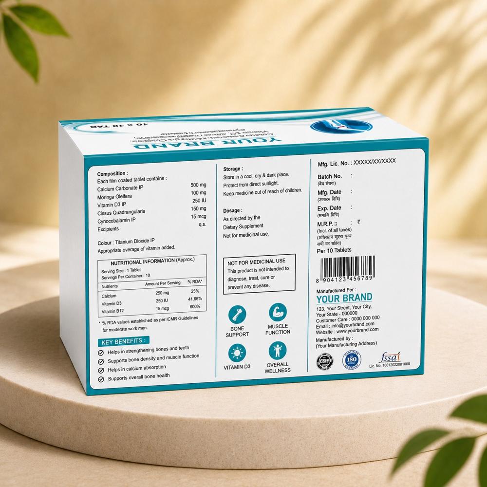 Calcium Carbonate, Vitamin D3,Cissus Quadrangularis, Cynocobalamin,& Moringa Oleifera Tablets