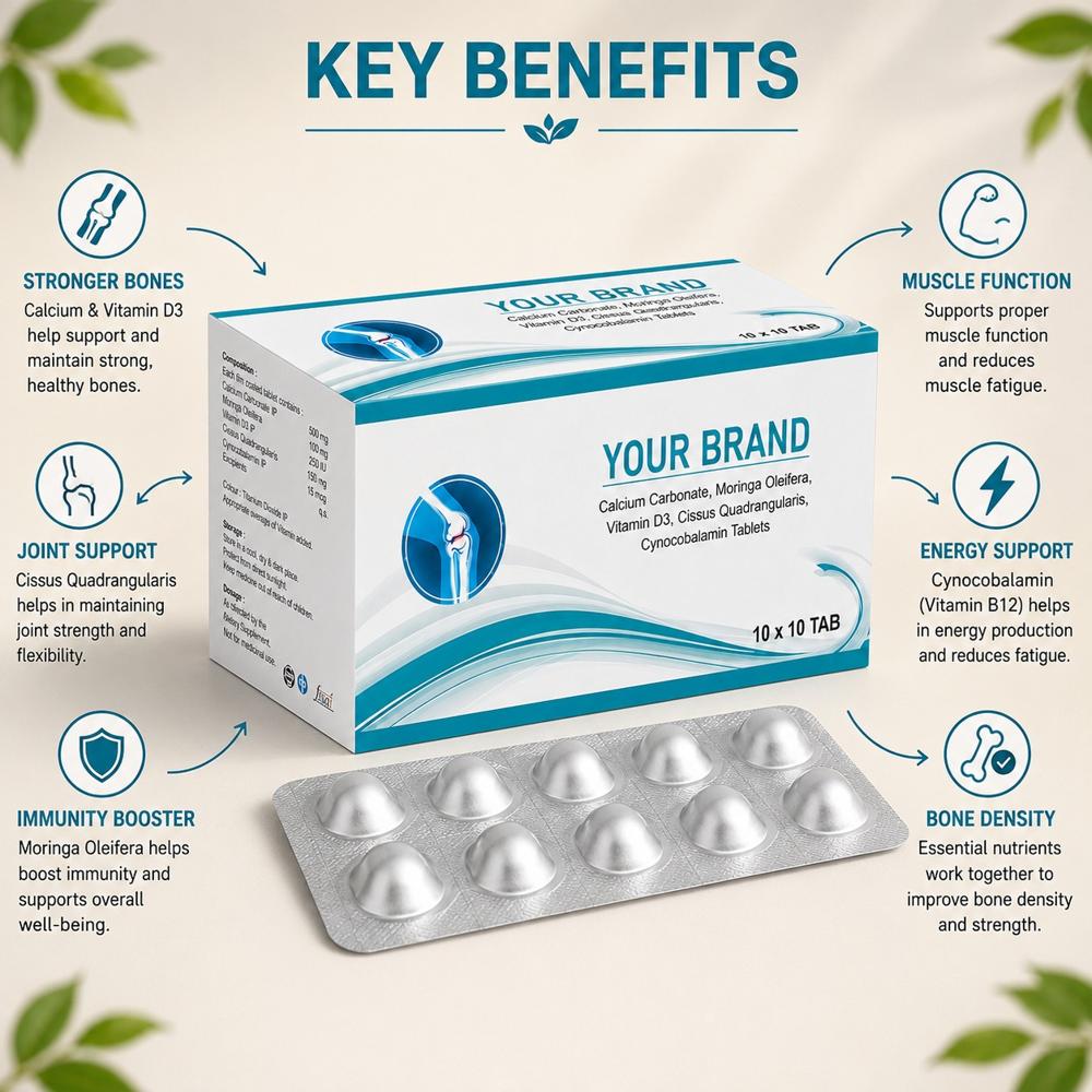 Calcium Carbonate, Vitamin D3,Cissus Quadrangularis, Cynocobalamin,& Moringa Oleifera Tablets