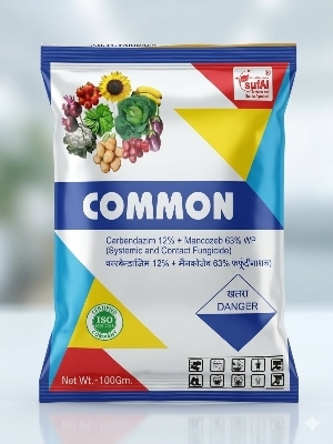 COMMON (Carbendazim 12 + Mancozeb 63 WP) Fungicides - Blue Green Wettable Powder Systemic and Contact Action Low Mammalian Toxicity 2 Years Shelf Life