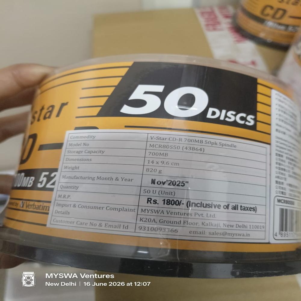V-star Cd-r 700 Mb 50pk Spindle - Polycarbonate Plastic, 12 Cm, Silver/gold, 52x Speed, 50 Discs Packaging