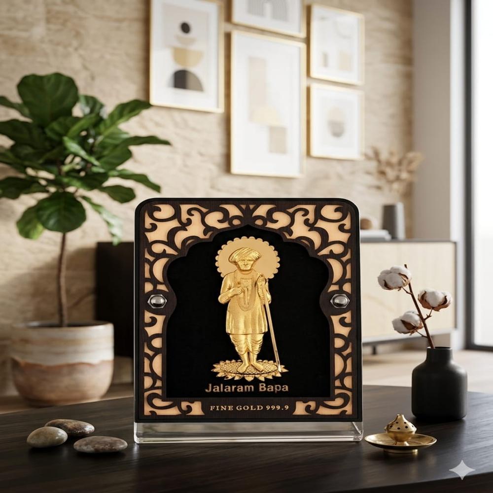 Gold Jalarambapa Table Stand - 999.9 Fine Gold, 20x15x5cm, Gold With Acrylic And Wood Frame, Precision Casting And Laser Engraving