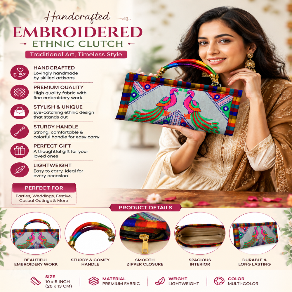 Handmade Peacock Embroidered Ethnic Clutch Wallet for Ladies