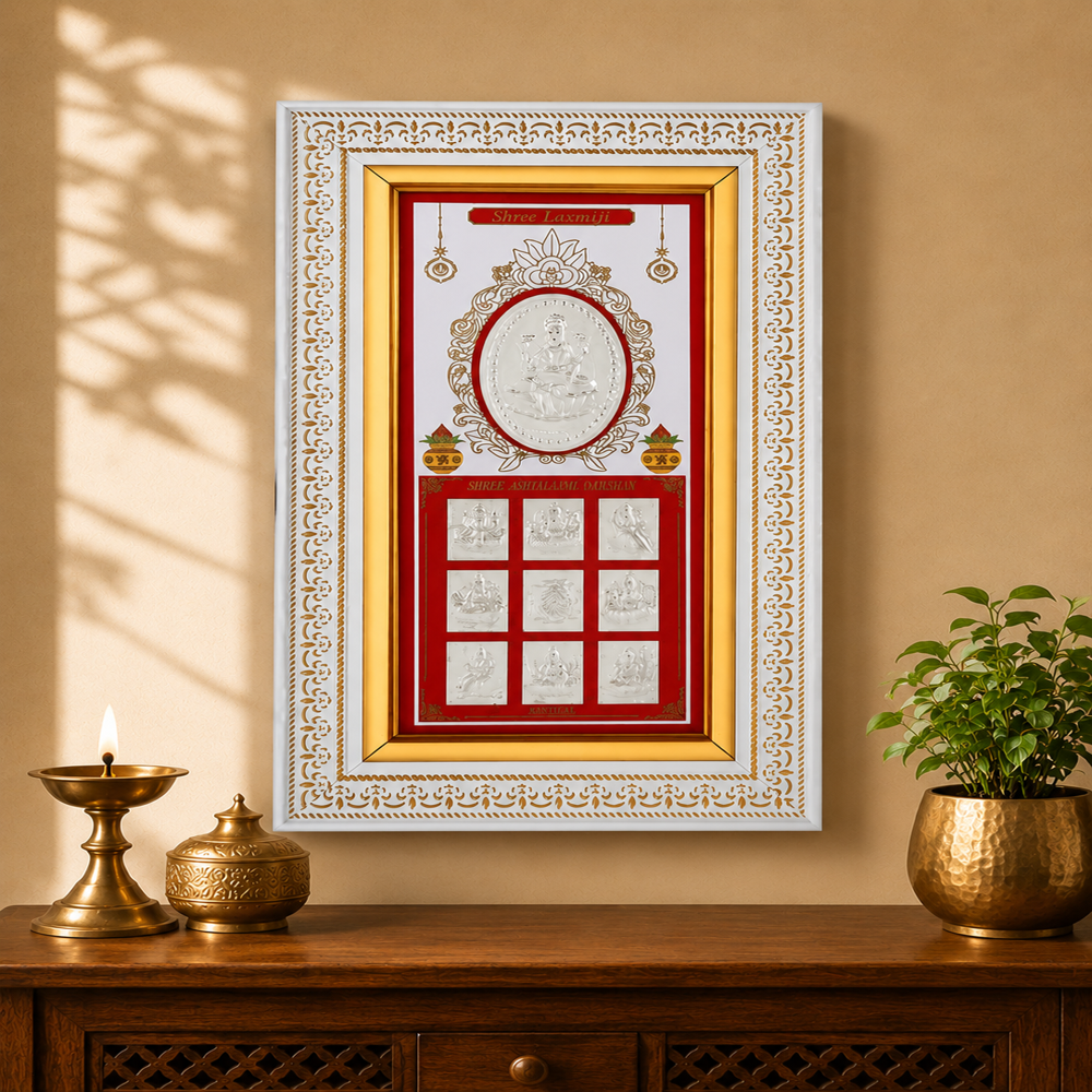 Pure Silver Ashta Laxmi Frame - 99.9% Pure Silver, 30x20 cm, Silver with Red and Gold Highlights | Handcrafted Embossed Sheet, Wooden Frame with Glass Cover