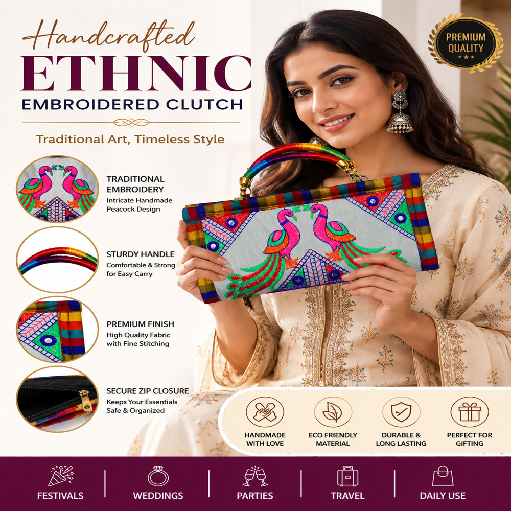 Designer Gujarati Embroidery Clutch Bag With Handle - Color: White